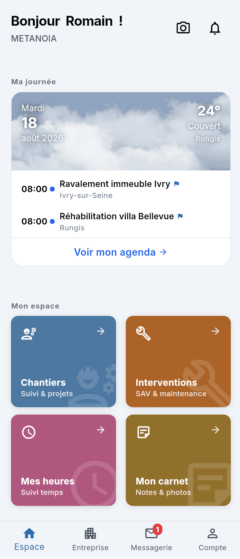 BatiNeoPro — journée de travail, agenda et raccourcis métier