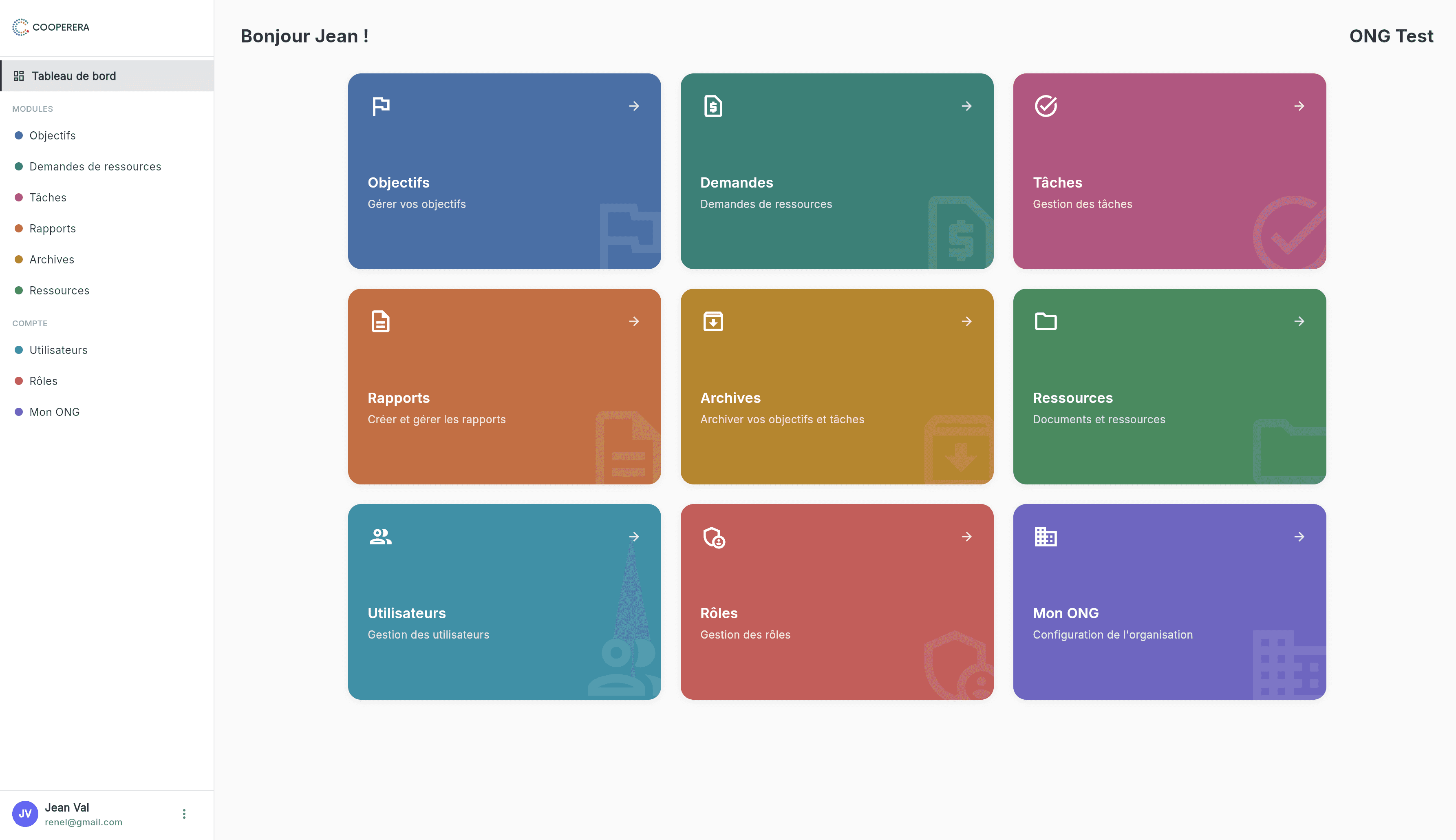 Cooperera — tableau de bord de gestion d'organisation