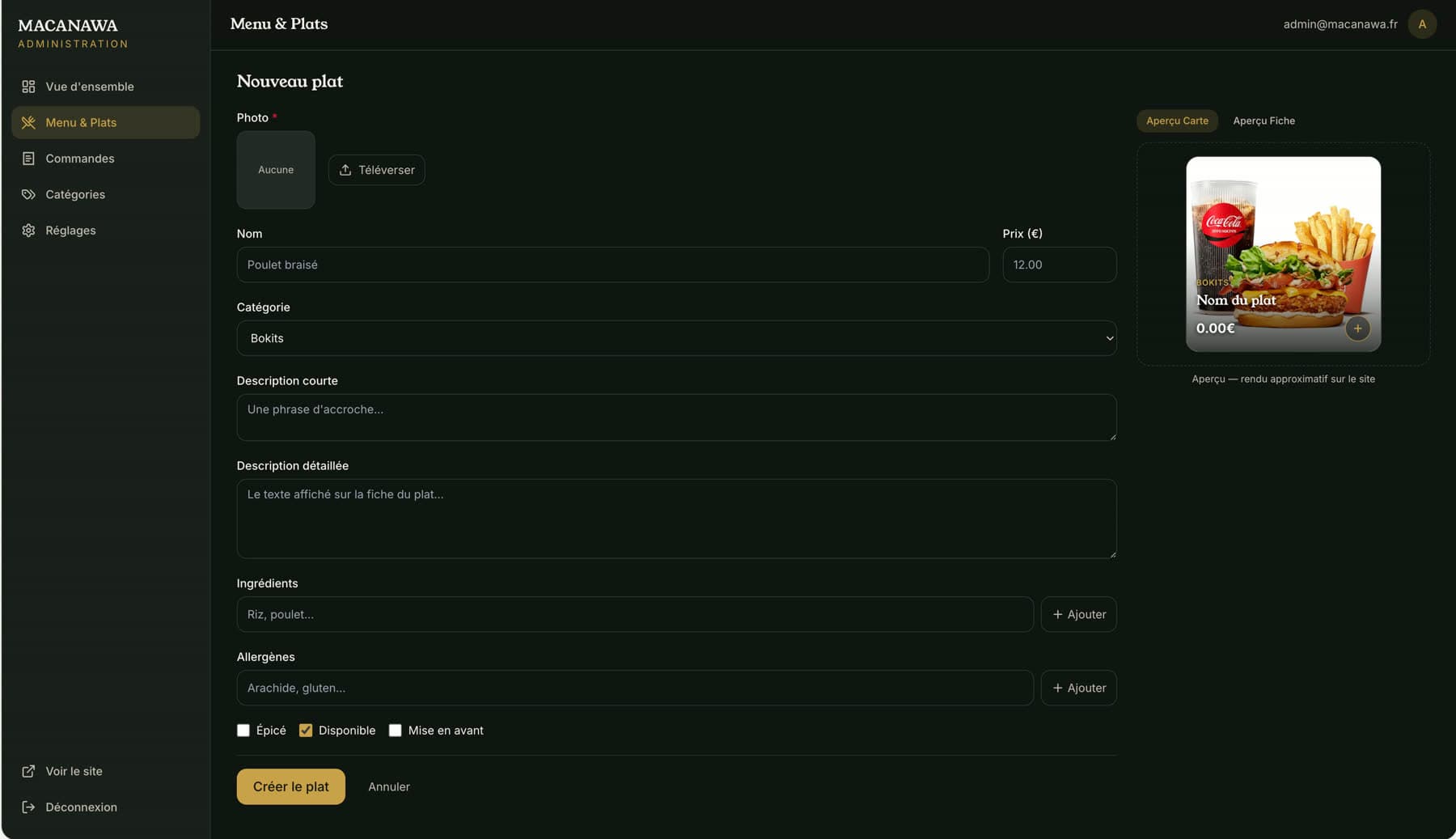 Macanawa — création d'une fiche plat avec aperçu en direct
