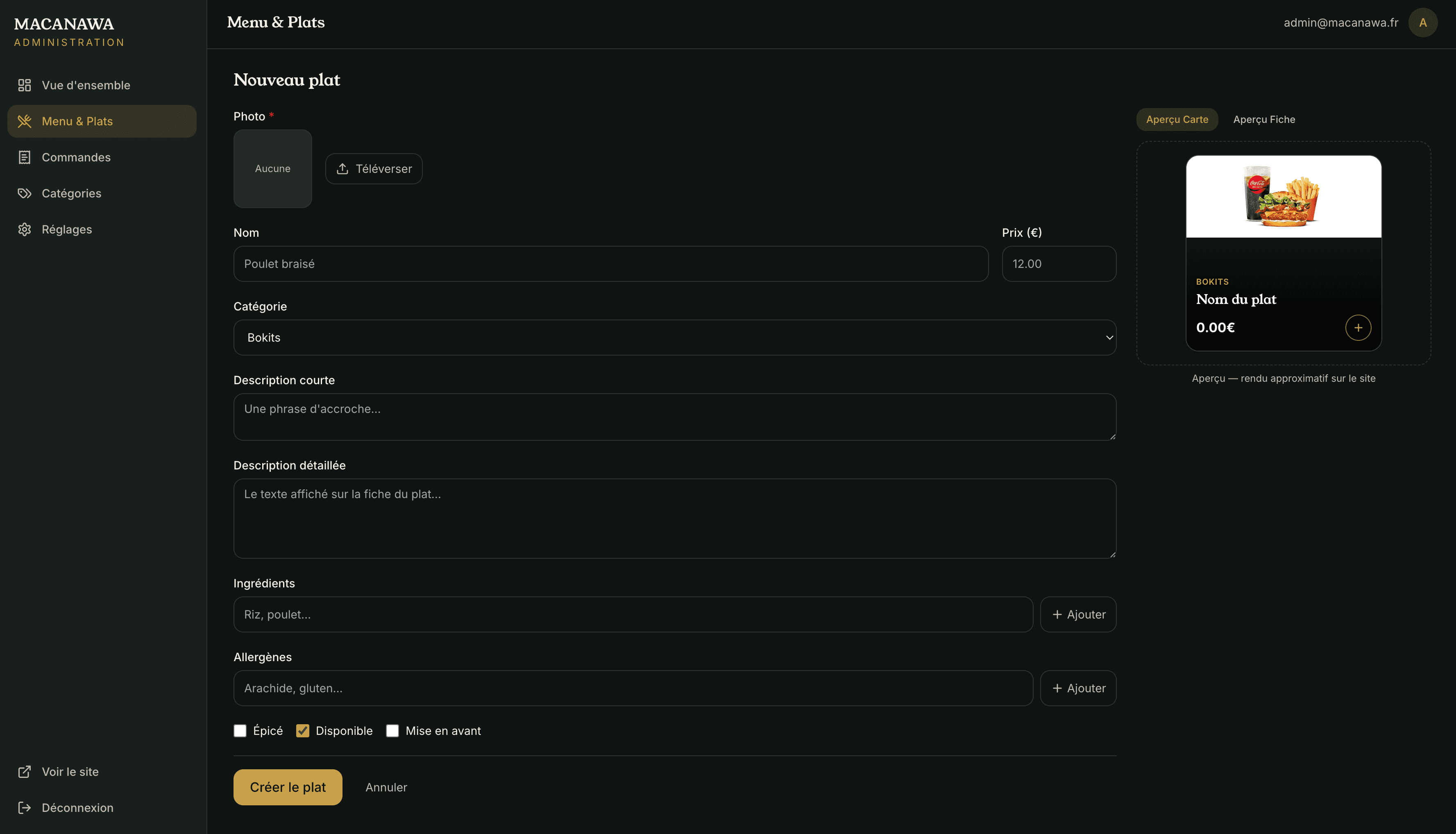 Macanawa — création d'une fiche produit avec aperçu en direct