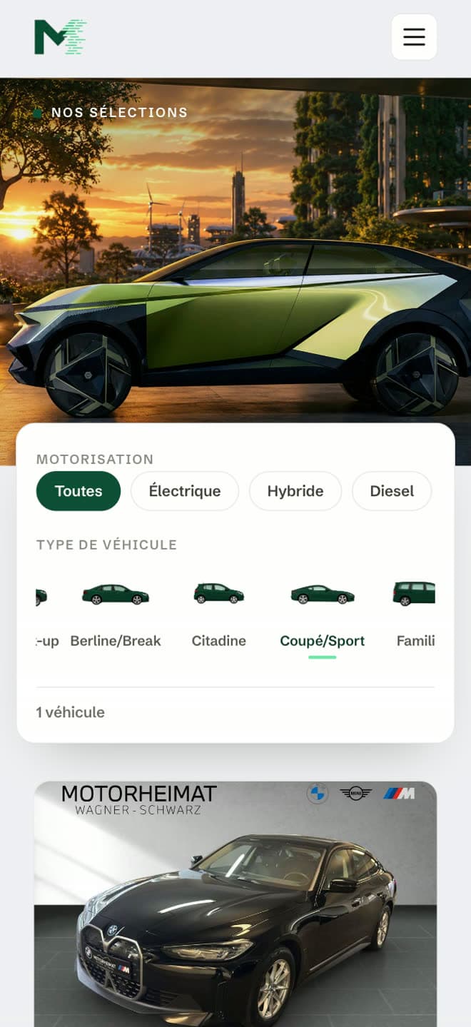 Metanoia Motors — sélection de véhicules par motorisation et par type